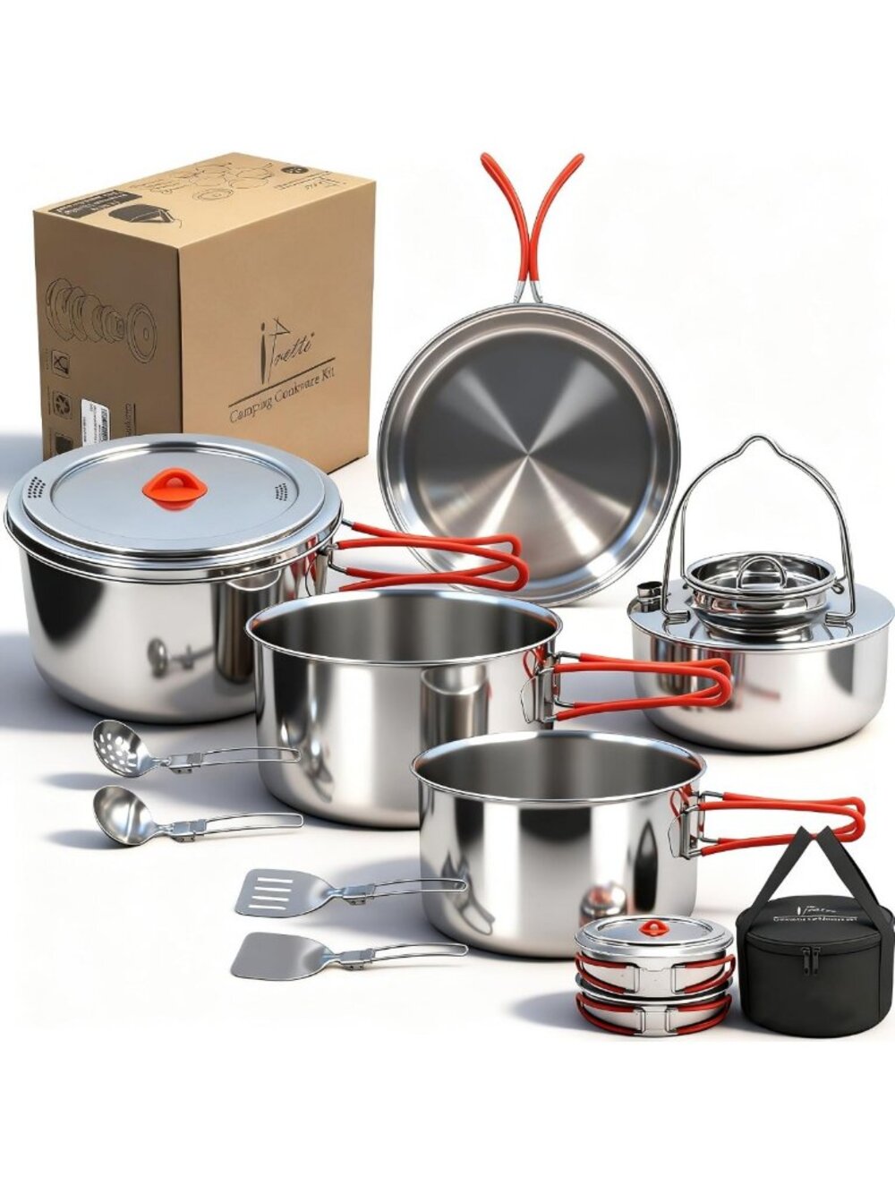 11-Piece Foldable Stainless Steel Camping Cookware Set for 4-8 People, Portable